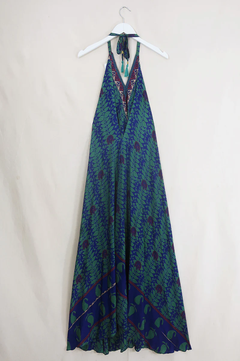 Athena Maxi Dress - Vintage Sari - Indigo Climbing Vines - Free Size M/L - Image 3