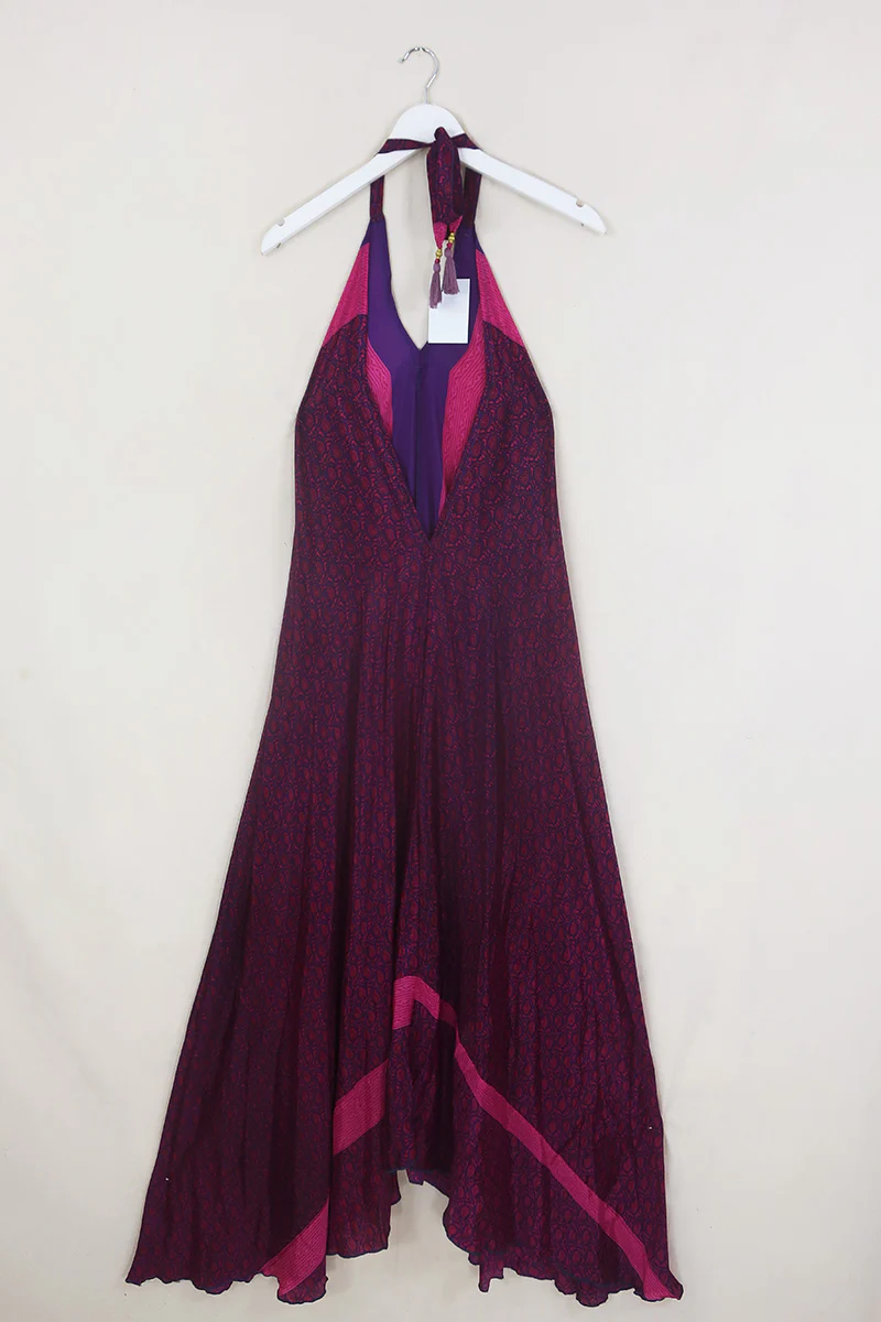 Athena Maxi Dress - Vintage Sari - Deep Magenta Paisley - Free Size M/L - Image 3