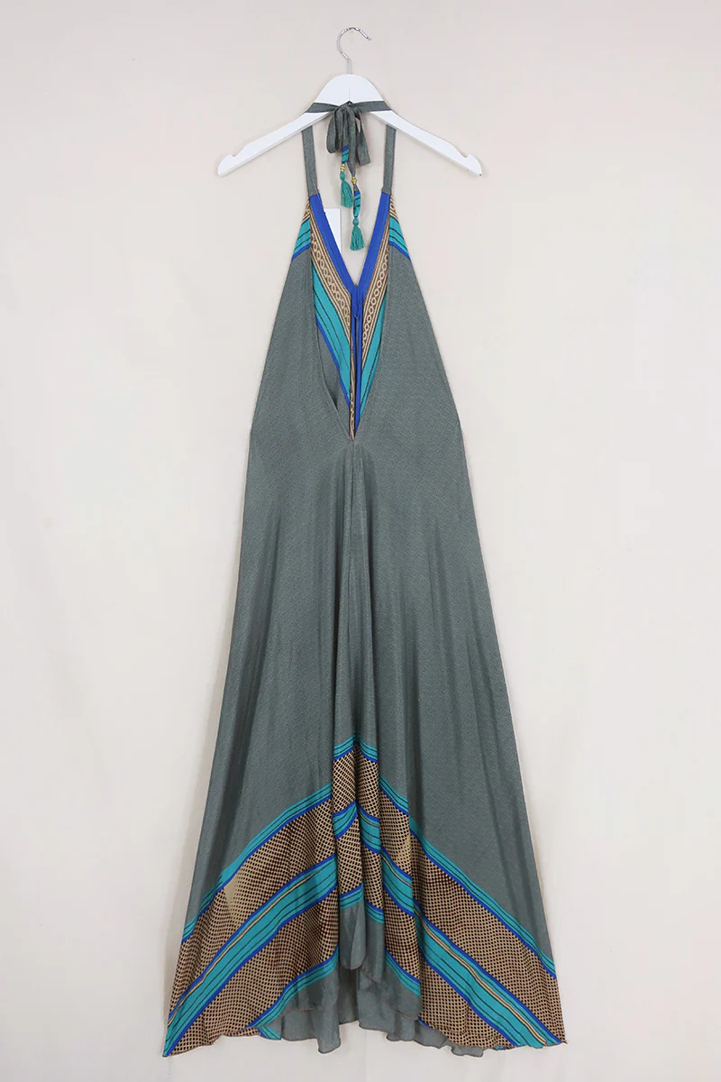 Athena Maxi Dress - Vintage Sari - Silver Stripe - Free Size S/M - Image 3