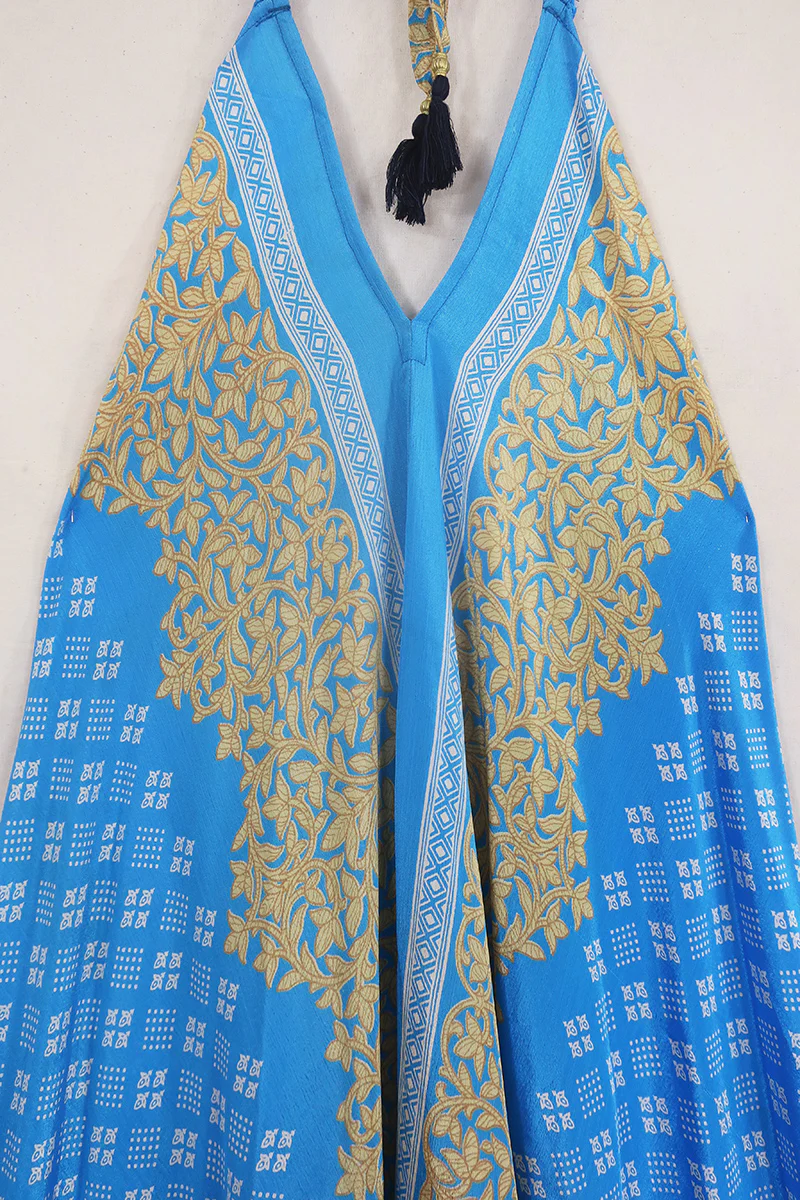 Athena Maxi Dress - Vintage Sari - Sky Blue & Gold - Free Size S/M - Image 2