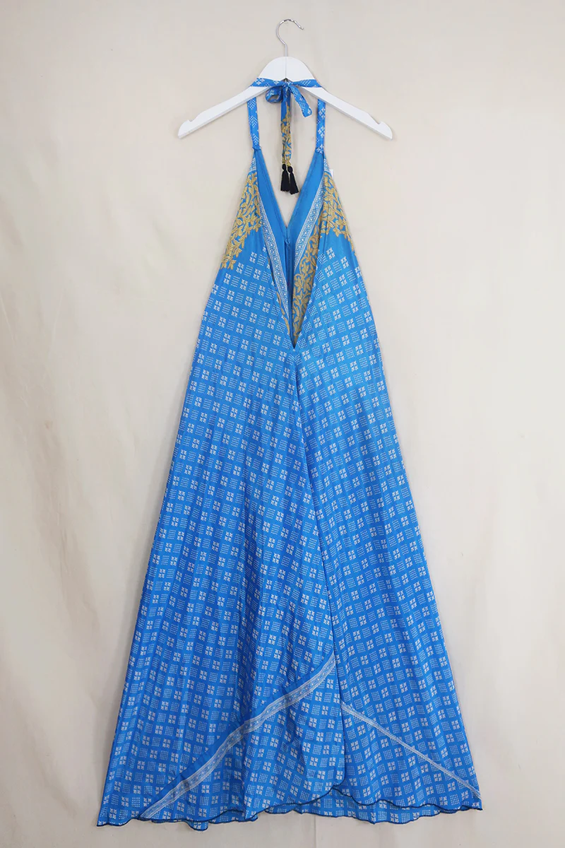 Athena Maxi Dress - Vintage Sari - Sky Blue & Gold - Free Size S/M - Image 3