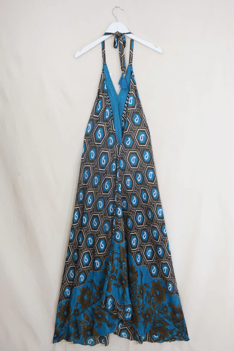 Athena Maxi Dress - Vintage Sari - Turquoise & Tiger Eye Paisley - Free Size S/M - Image 3