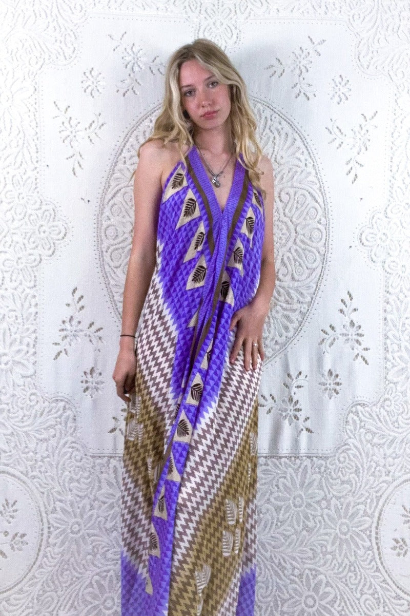 Athena Maxi Dress - Vintage Sari - Lavender & Fawn Fern Chevron Print - XS - M/L - Image 3