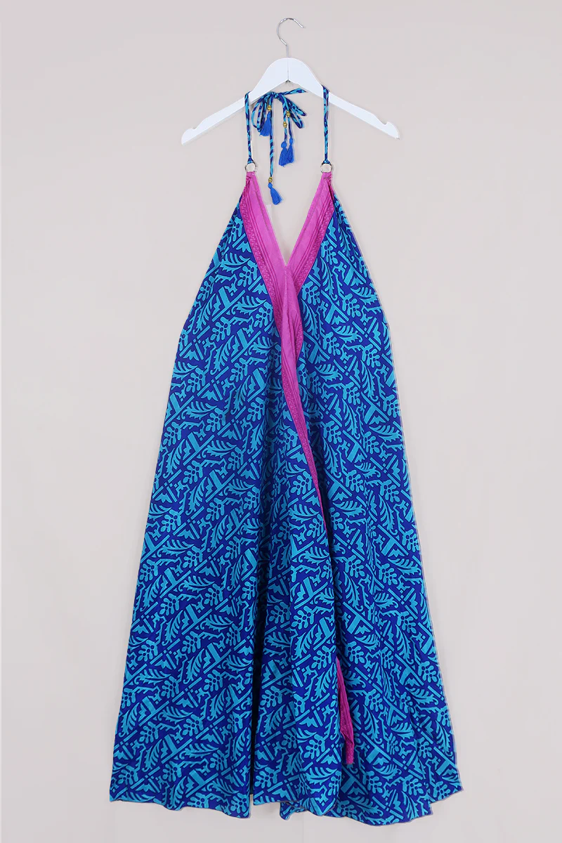 SALE | Athena Maxi Dress - Vintage Sari - Cobalt Blue & Fuchsia - M to L/XL