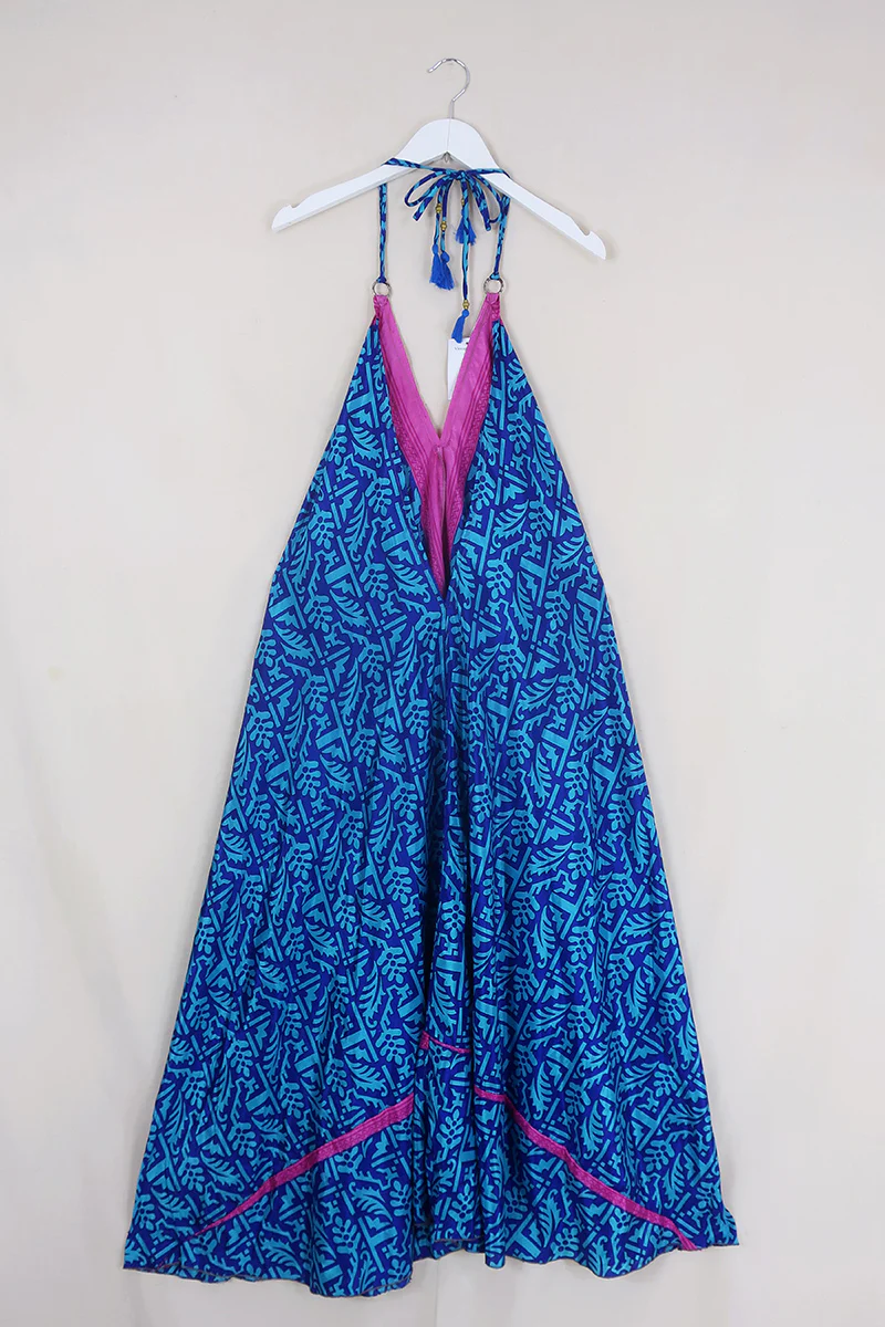 SALE | Athena Maxi Dress - Vintage Sari - Cobalt Blue & Fuchsia - M to L/XL - Image 2
