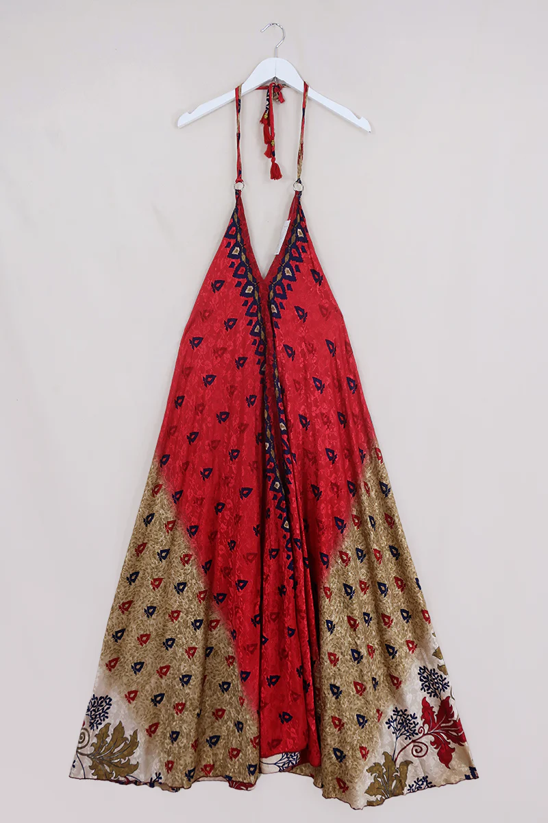 SALE | Athena Maxi Dress - Vintage Sari - Crimson Rose Bud Motif - M to L/XL