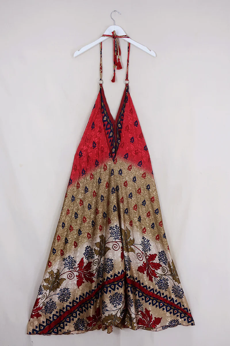 SALE | Athena Maxi Dress - Vintage Sari - Crimson Rose Bud Motif - M to L/XL - Image 2