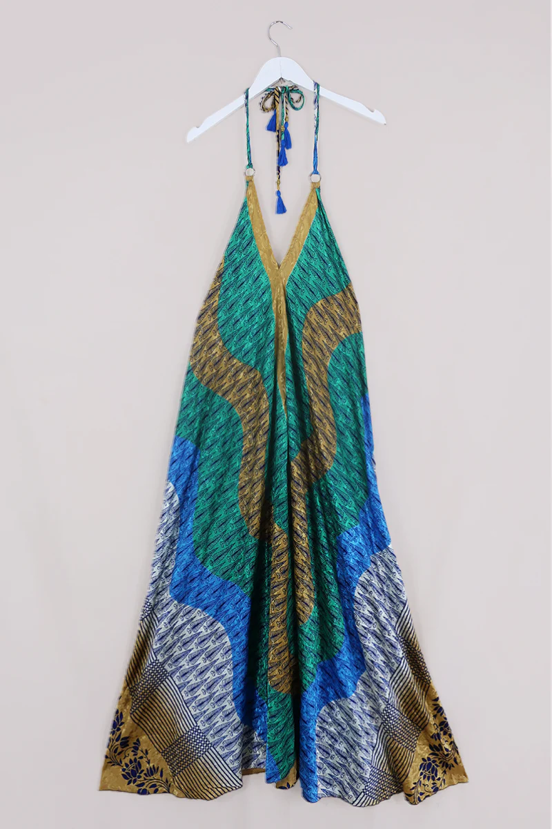 SALE | Athena Maxi Dress - Vintage Sari - Palm Tree Green & Sandy Stripes - M to L/XL