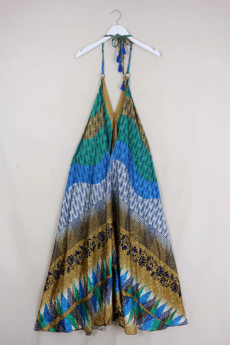 SALE | Athena Maxi Dress - Vintage Sari - Palm Tree Green & Sandy Stripes - M to L/XL - Image 2