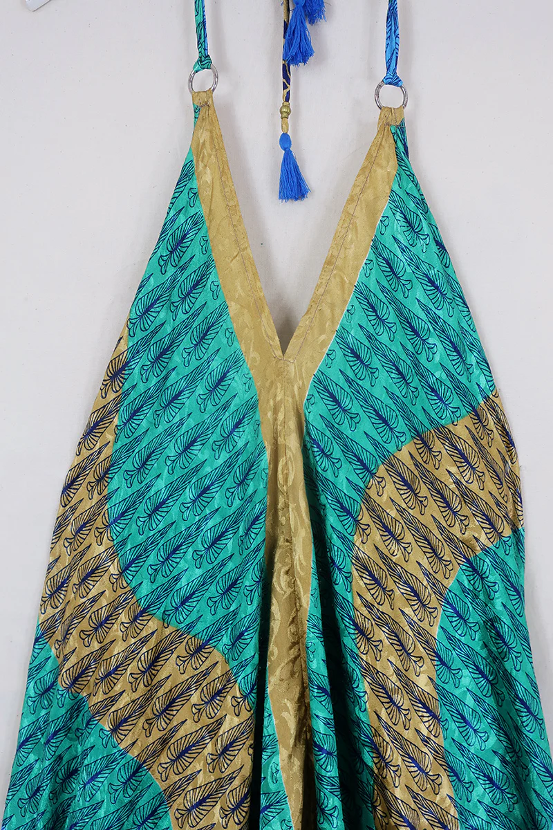 SALE | Athena Maxi Dress - Vintage Sari - Palm Tree Green & Sandy Stripes - M to L/XL - Image 3