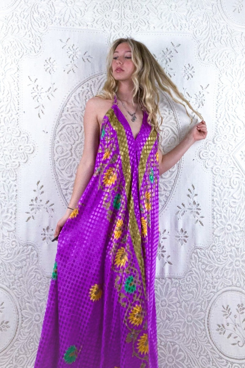 Athena Maxi Dress - Vintage Sari - Magenta & Bright Floral Fans - S - L/XL