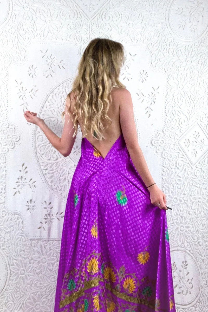 Athena Maxi Dress - Vintage Sari - Magenta & Bright Floral Fans - S - L/XL - Image 3