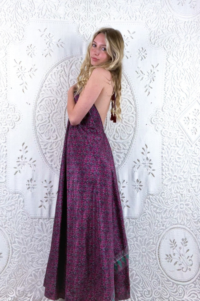 Athena Maxi Dress - Vintage Sari - Mulberry Purple & Jade Tile Print - XS - M/L - Image 2