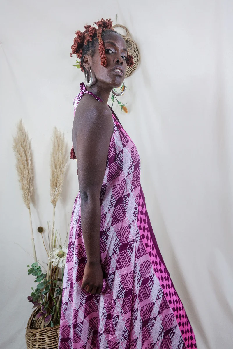Athena Maxi Dress - Vintage Sari - Candy Pink Diamonds - S to L/XL - Image 3