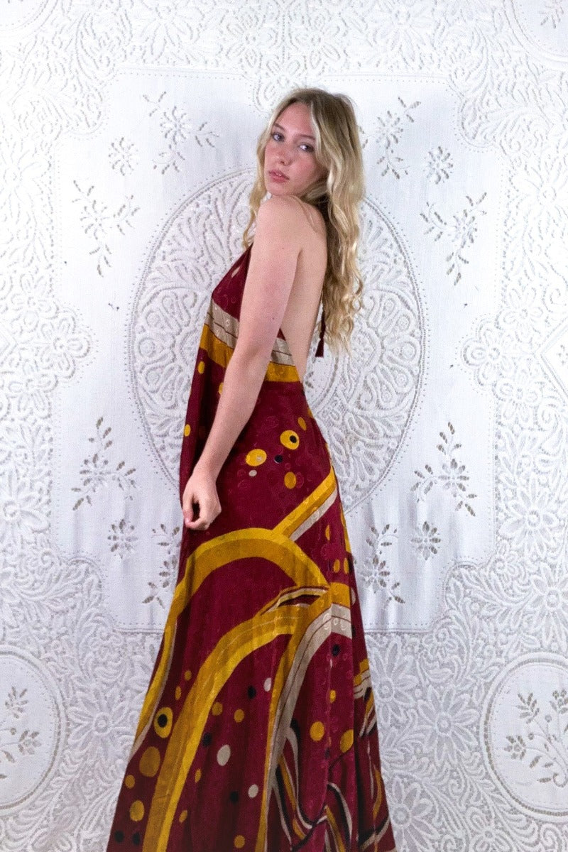 Athena Maxi Dress - Vintage Sari - Earthy Red Polka Dot Swirl - XS - M/L - Image 2