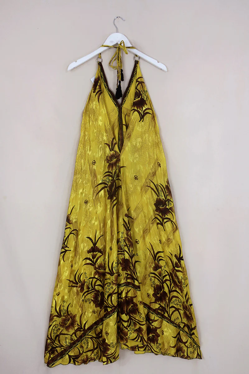 Athena Maxi Dress - Vintage Sari - Marigold & Sepia Floral - S to L - Image 2