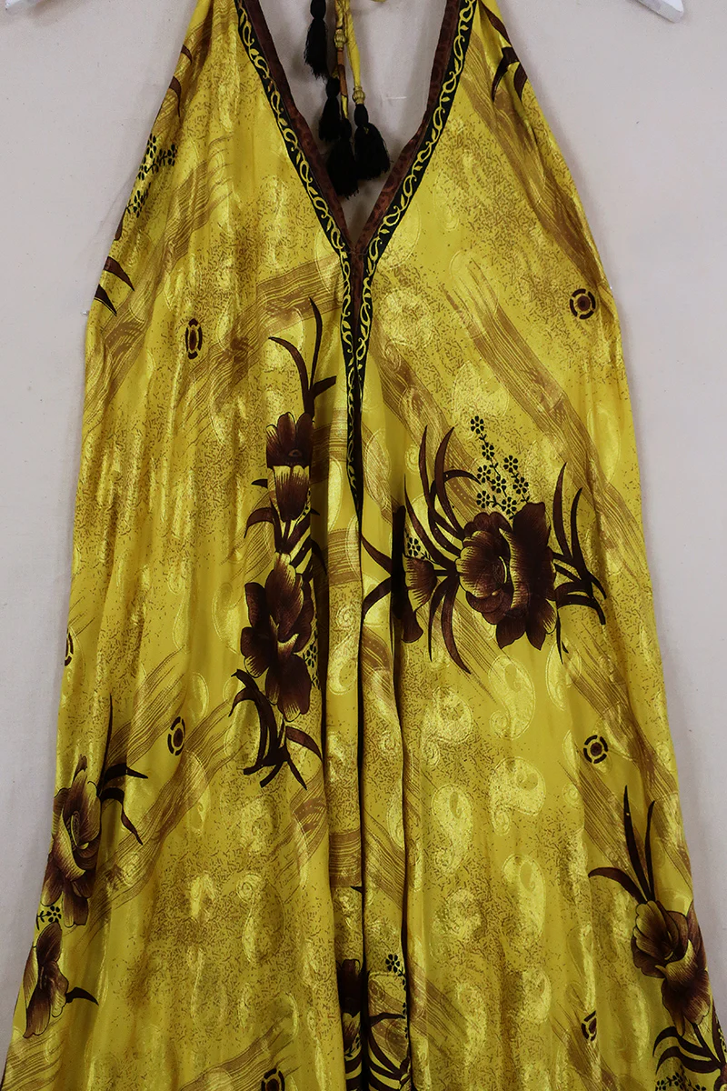 Athena Maxi Dress - Vintage Sari - Marigold & Sepia Floral - S to L - Image 3