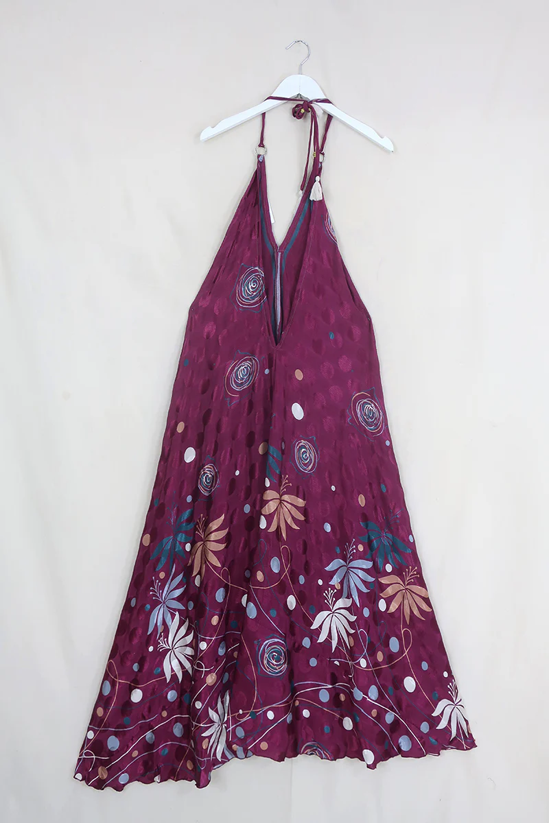 Athena Maxi Dress - Vintage Sari - Cherry & Teal Abstract Roses - S to M/L - Image 2