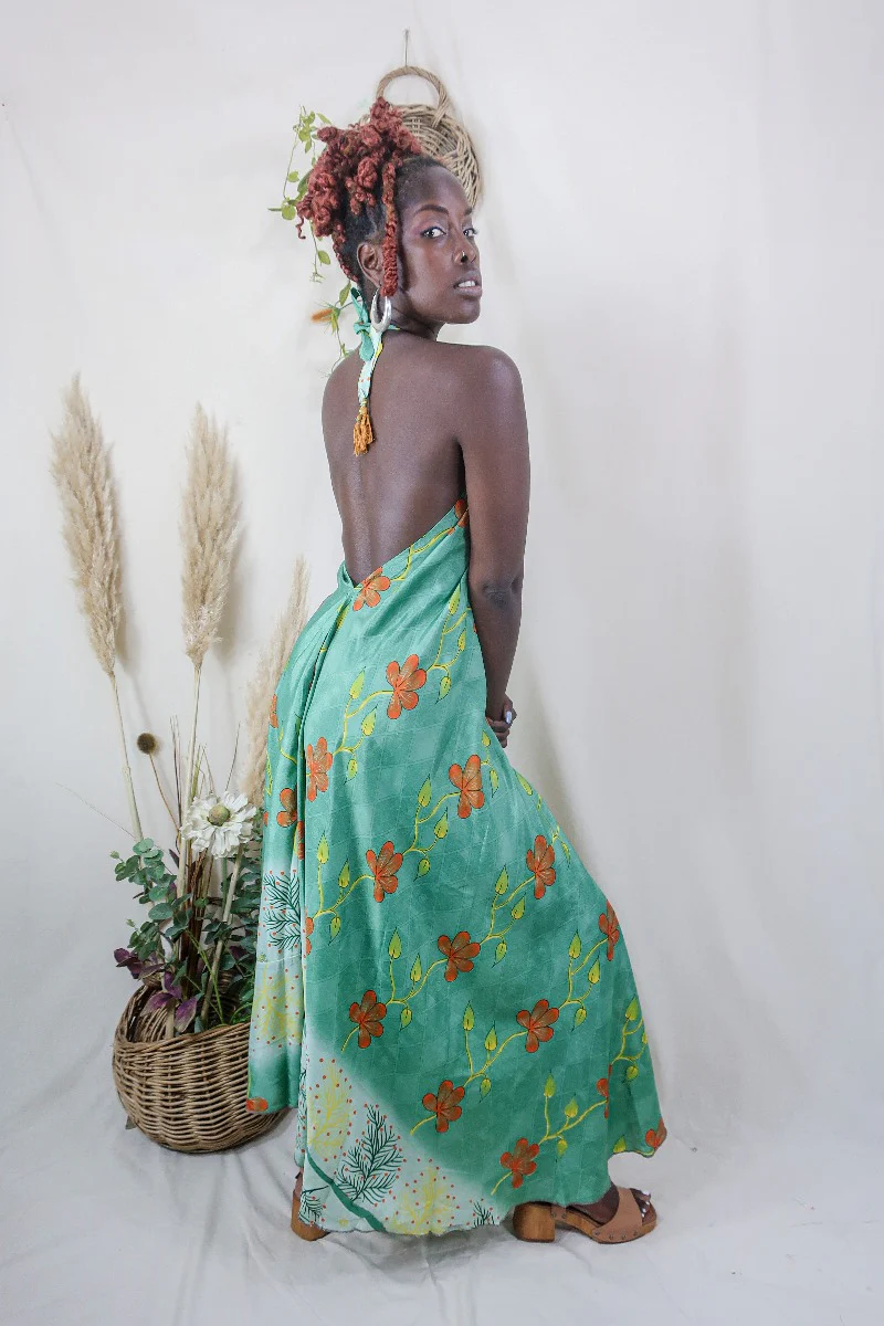 Athena Maxi Dress - Vintage Sari - Sage Green & Ginger Floral - S to L/XL - Image 2