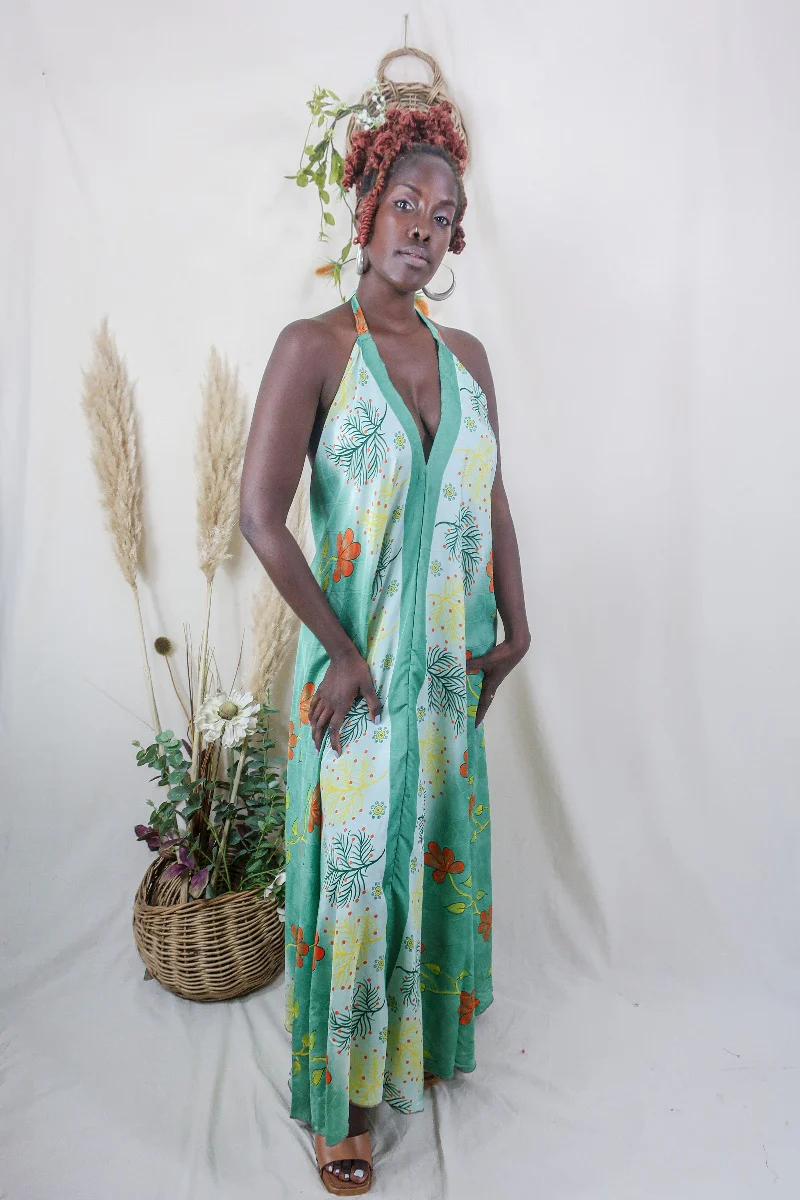 Athena Maxi Dress - Vintage Sari - Sage Green & Ginger Floral - S to L/XL - Image 3