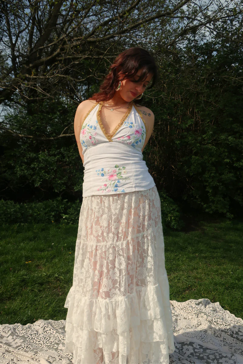 Babydoll Vintage Tablecloth Top in Blooming Wildflowers - Size XS - Image 7