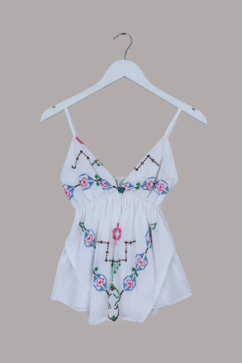 Babydoll Vintage Tablecloth Top in Grecian Blue Cross Stitch - Size XS/S