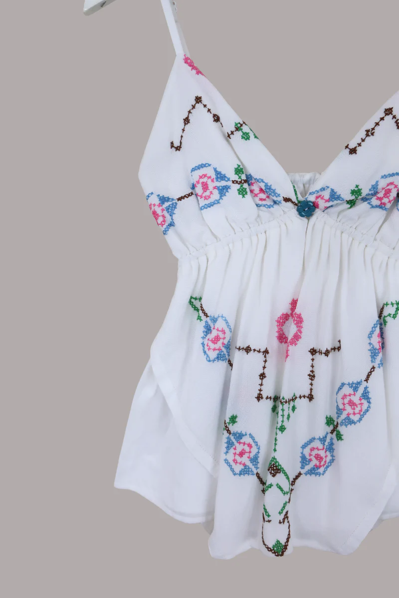 Babydoll Vintage Tablecloth Top in Grecian Blue Cross Stitch - Size XS/S - Image 2