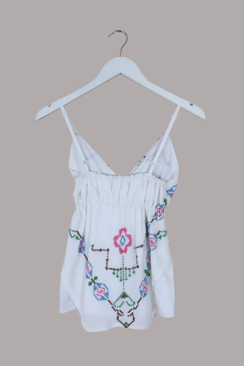 Babydoll Vintage Tablecloth Top in Grecian Blue Cross Stitch - Size XS/S - Image 3