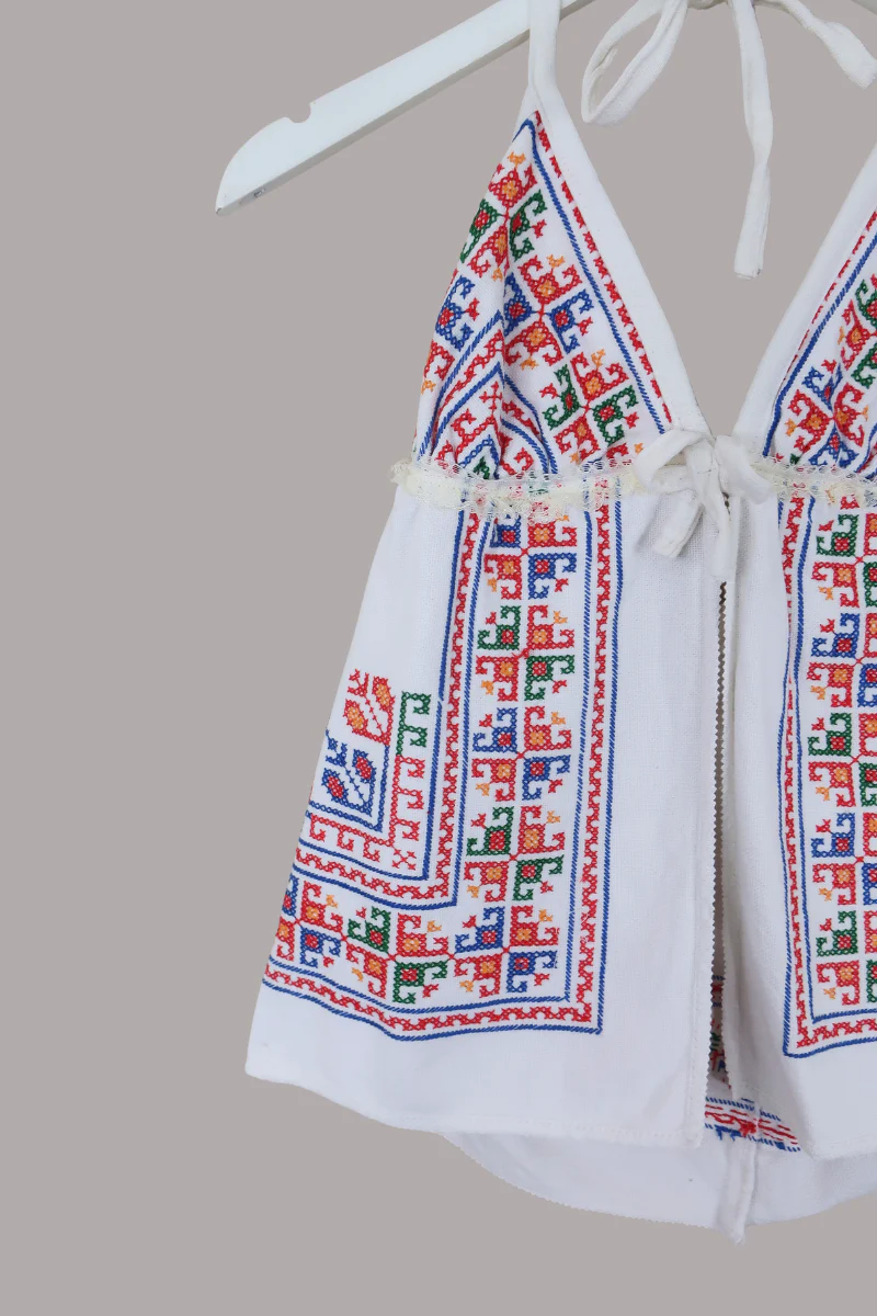 Babydoll Vintage Tablecloth Top in Kitschy Cross Stitch - Size XS/S - Image 2