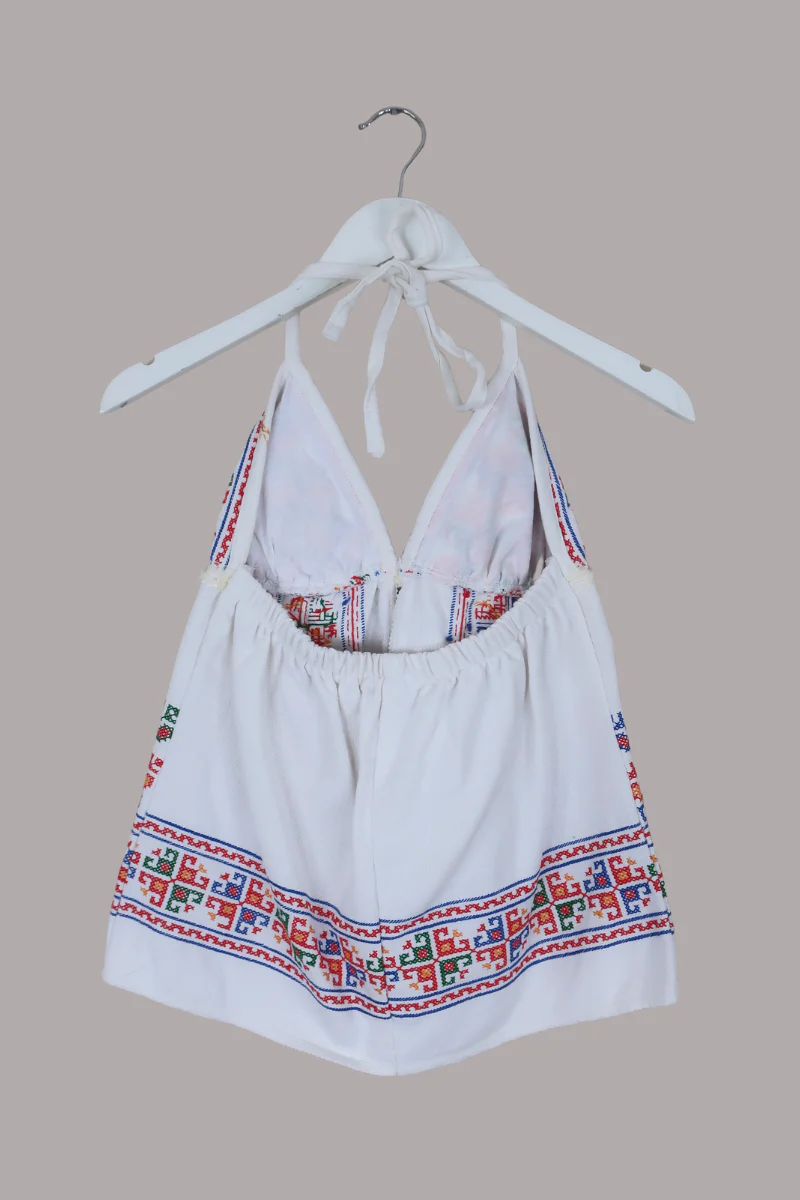 Babydoll Vintage Tablecloth Top in Kitschy Cross Stitch - Size XS/S - Image 3
