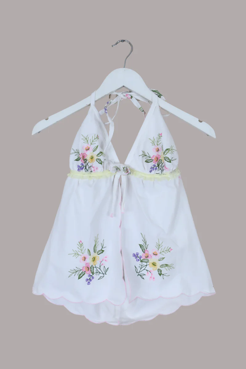 Babydoll Vintage Tablecloth Top in Lemon Spring Wildflowers - Size XS/S - Image 2