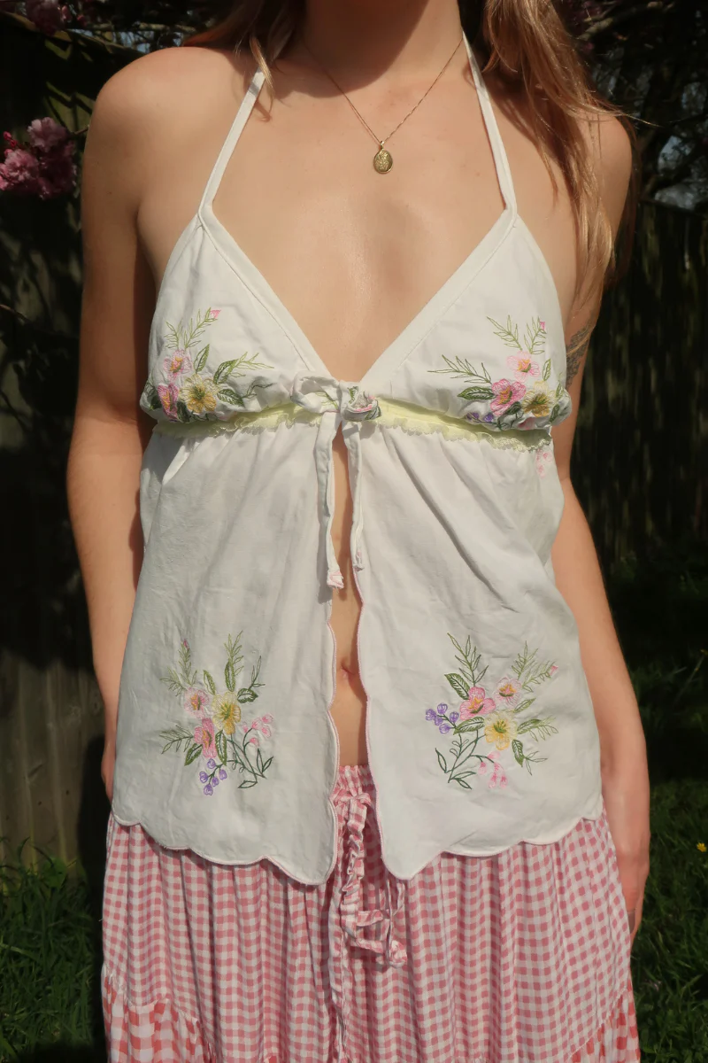 Babydoll Vintage Tablecloth Top in Lemon Spring Wildflowers - Size XS/S - Image 3
