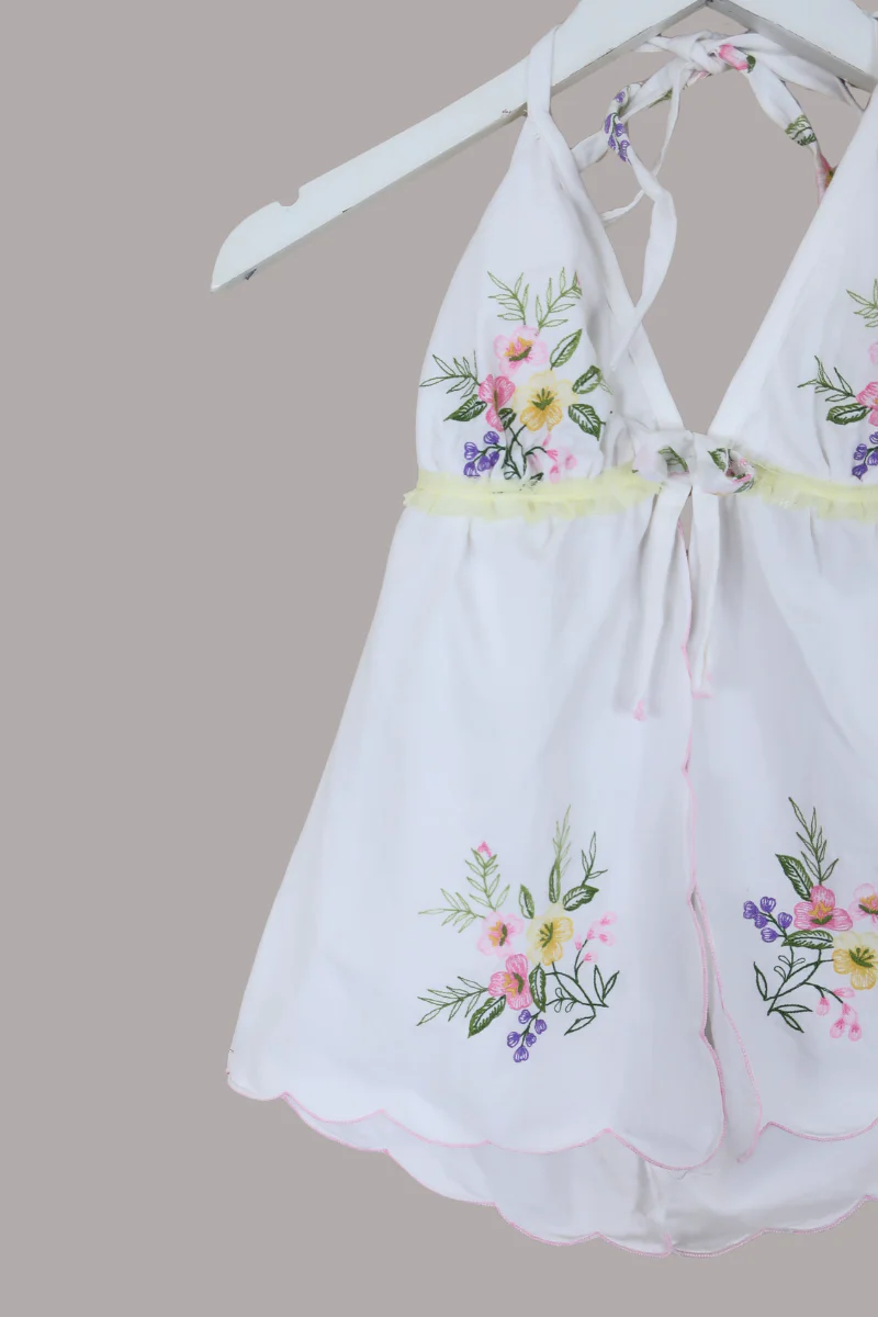 Babydoll Vintage Tablecloth Top in Lemon Spring Wildflowers - Size XS/S - Image 4