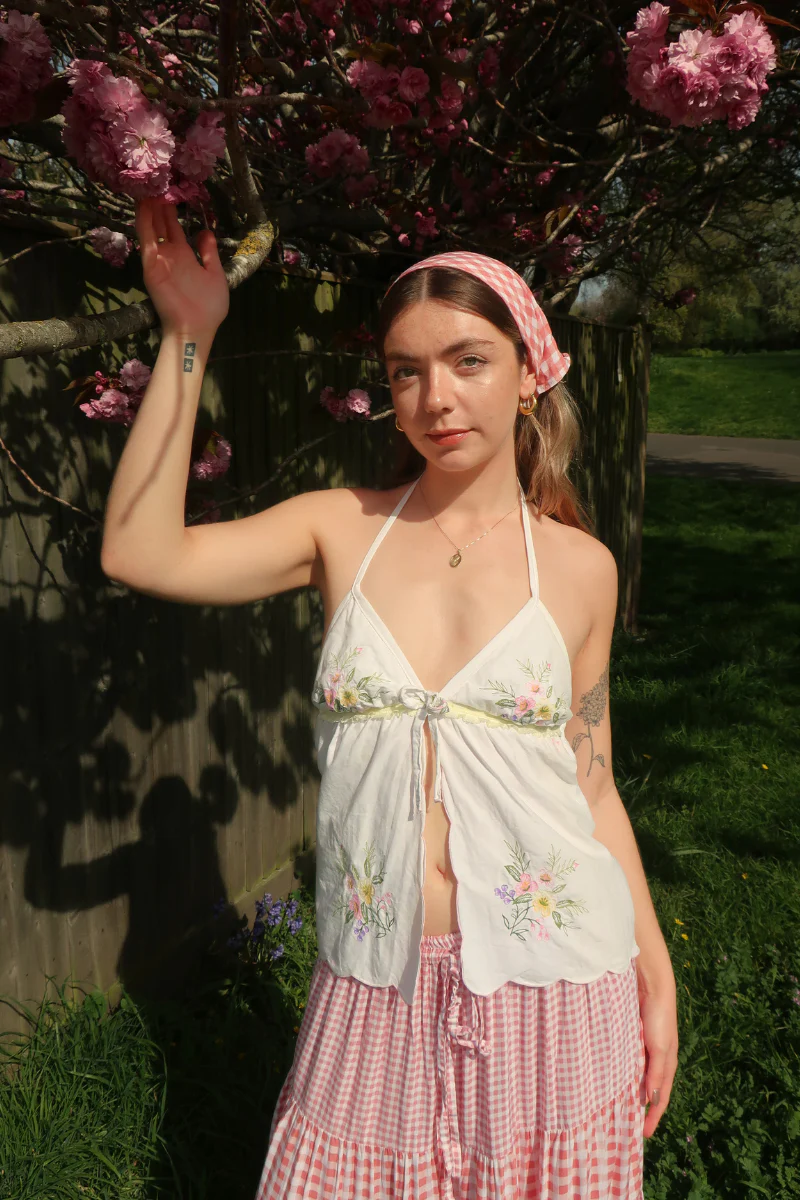 Babydoll Vintage Tablecloth Top in Lemon Spring Wildflowers - Size XS/S - Image 7