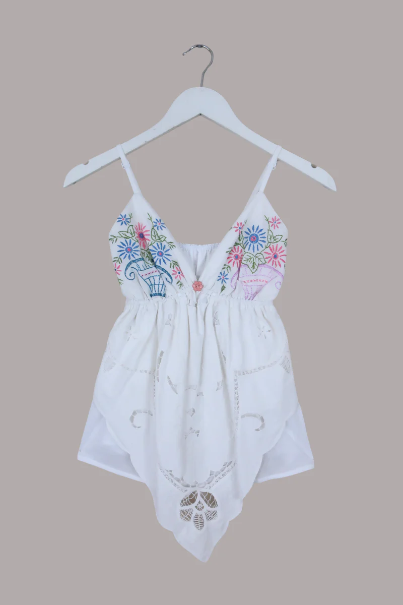 Babydoll Vintage Tablecloth Top in Persephone Flower Vase - Size XS/S - Image 2