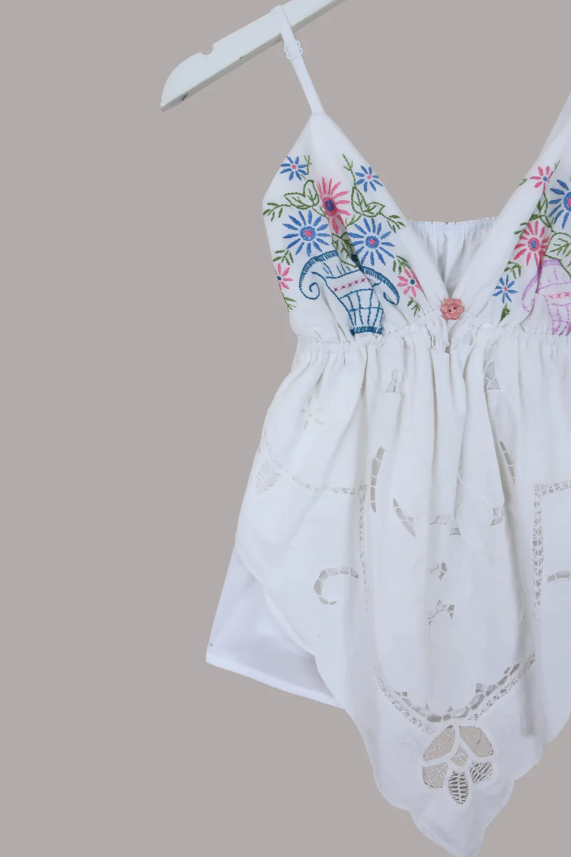 Babydoll Vintage Tablecloth Top in Persephone Flower Vase - Size XS/S - Image 4