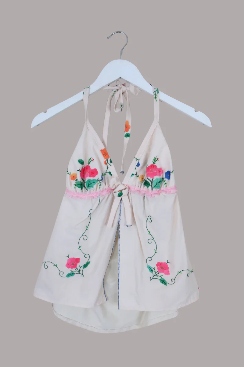 Babydoll Vintage Tablecloth Top in Pink Plumeria Vines - Size XS/S