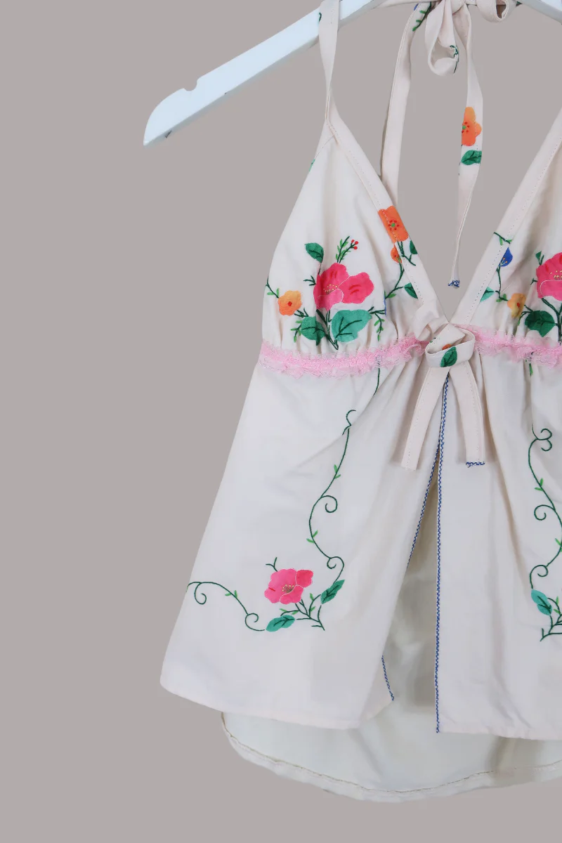 Babydoll Vintage Tablecloth Top in Pink Plumeria Vines - Size XS/S - Image 2