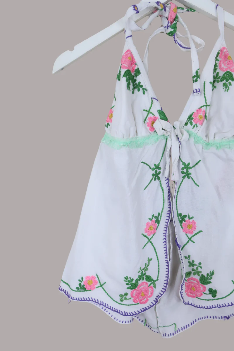 Babydoll Vintage Tablecloth Top in Posy Pink - Size XS/S - Image 2
