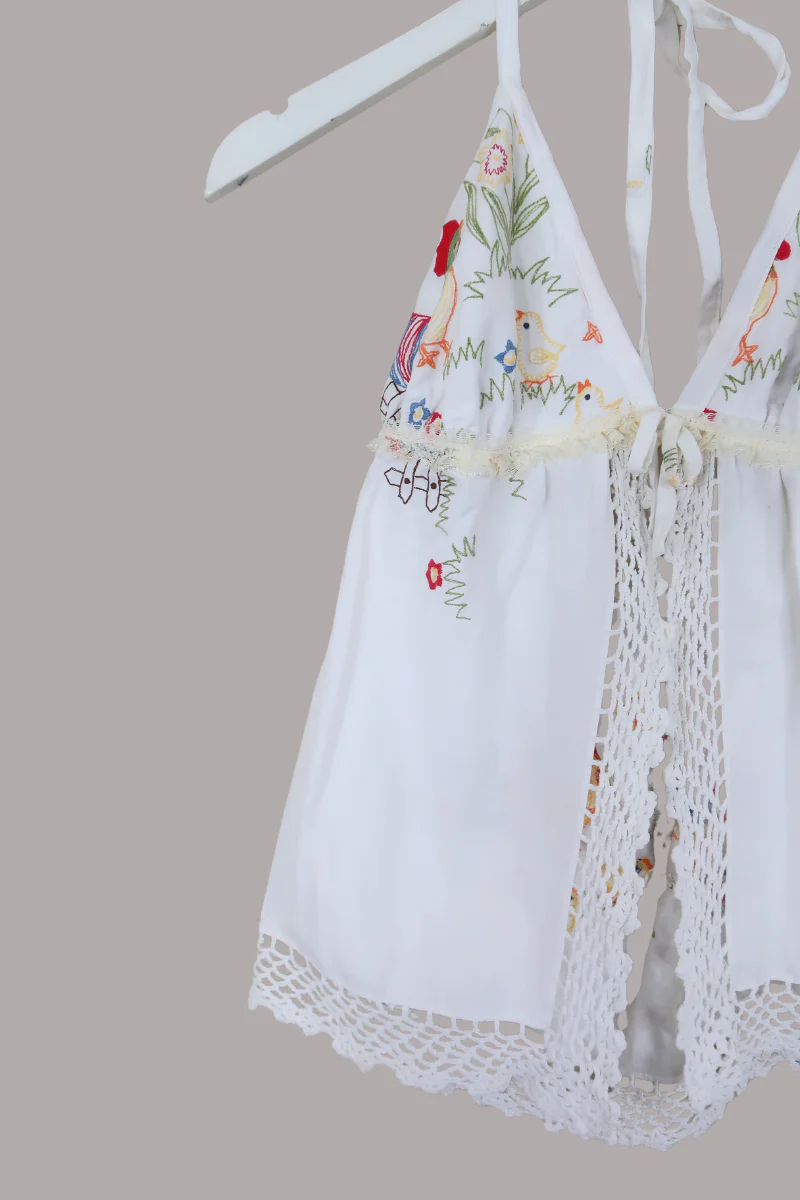 Babydoll Vintage Tablecloth Top in Spring Chickens - Size XS/S - Image 2