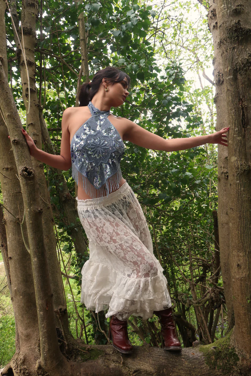Beaded Handkerchief Halter Top in Cinderella Blue - Image 3