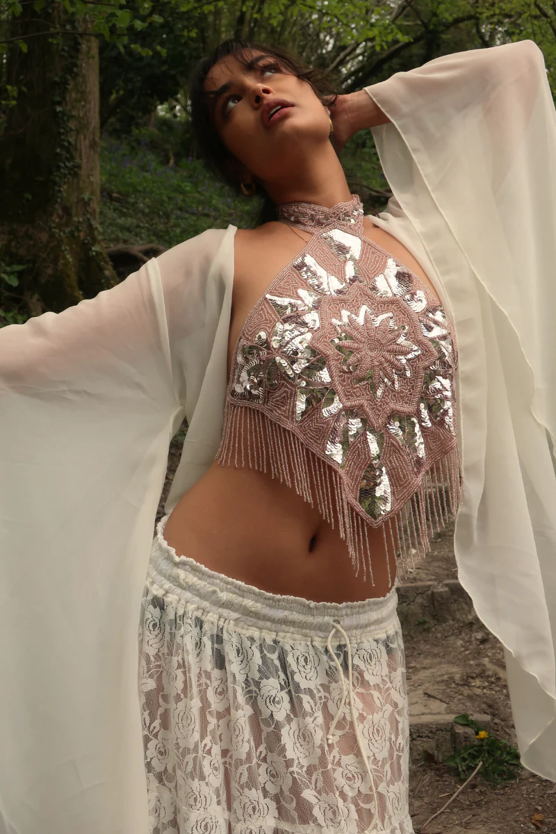 Beaded Handkerchief Halter Top in Crystal Rose Pink - Image 3