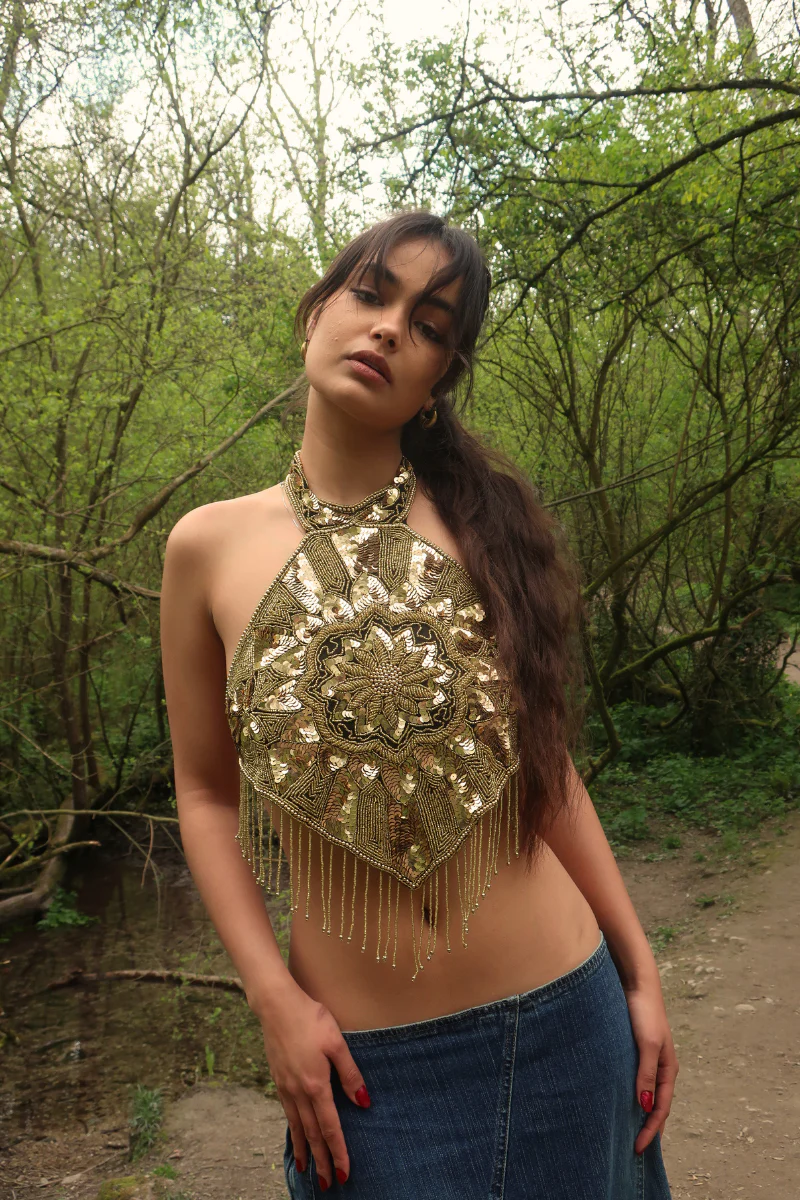 Beaded Handkerchief Halter Top in Golden Sundrop - Image 3