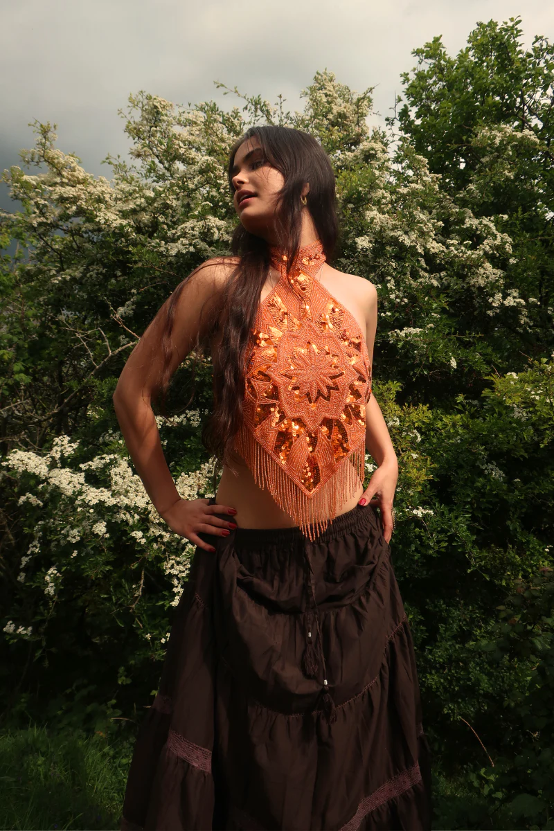 Beaded Handkerchief Halter Top in Heart of Fire Orange - Image 3