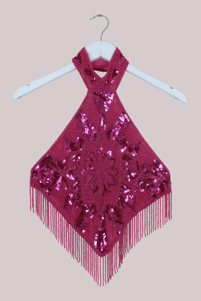 Beaded Handkerchief Halter Top in Ruby Pink Sunset - Image 2
