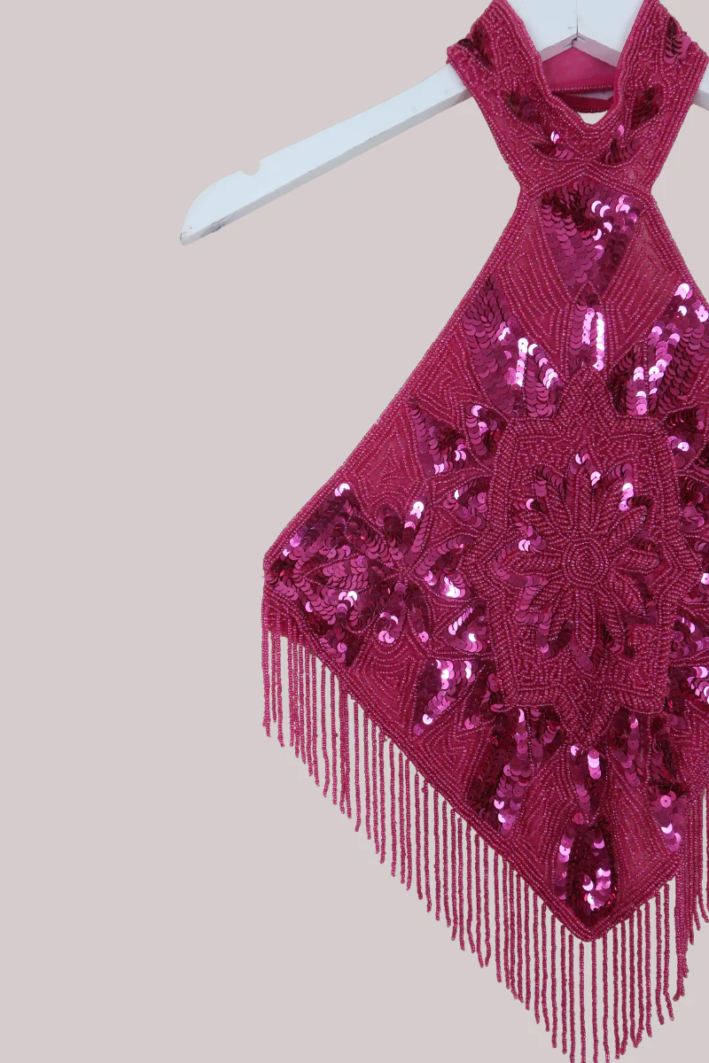 Beaded Handkerchief Halter Top in Ruby Pink Sunset - Image 4