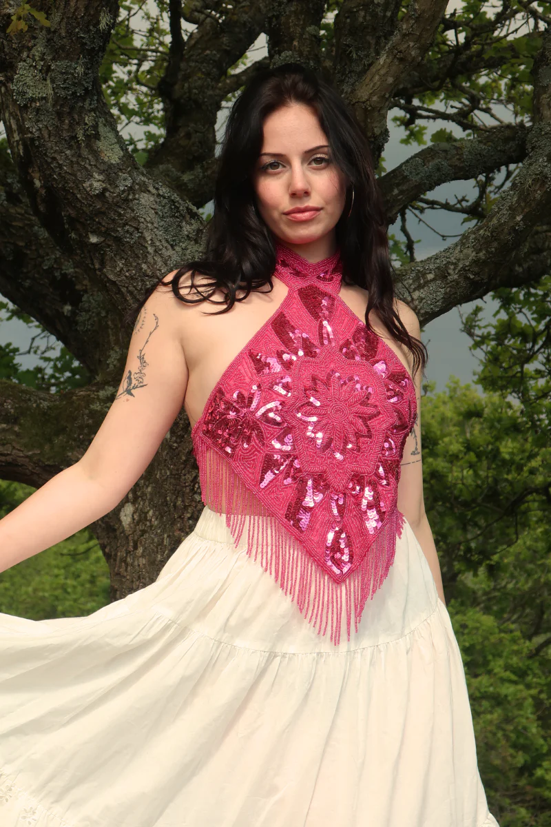Beaded Handkerchief Halter Top in Ruby Pink Sunset - Image 5