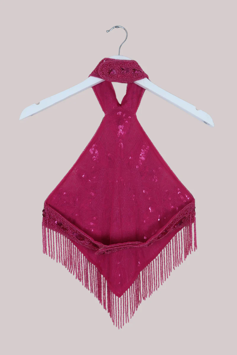Beaded Handkerchief Halter Top in Ruby Pink Sunset - Image 6