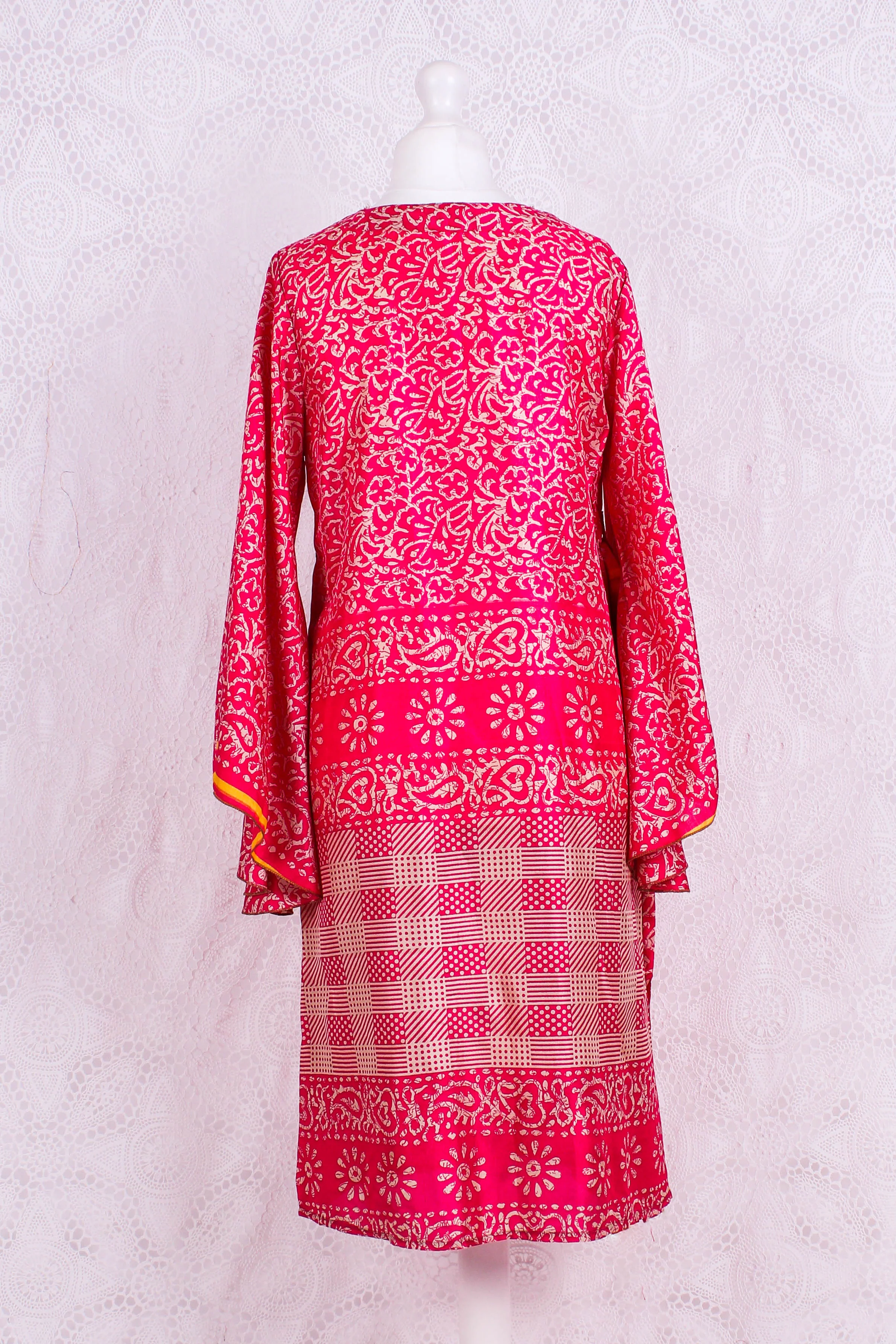Gemini Bell Sleeve Midi Kimono/Dress - Watermelon Pink Vintage Sari - Size S/M - Image 3