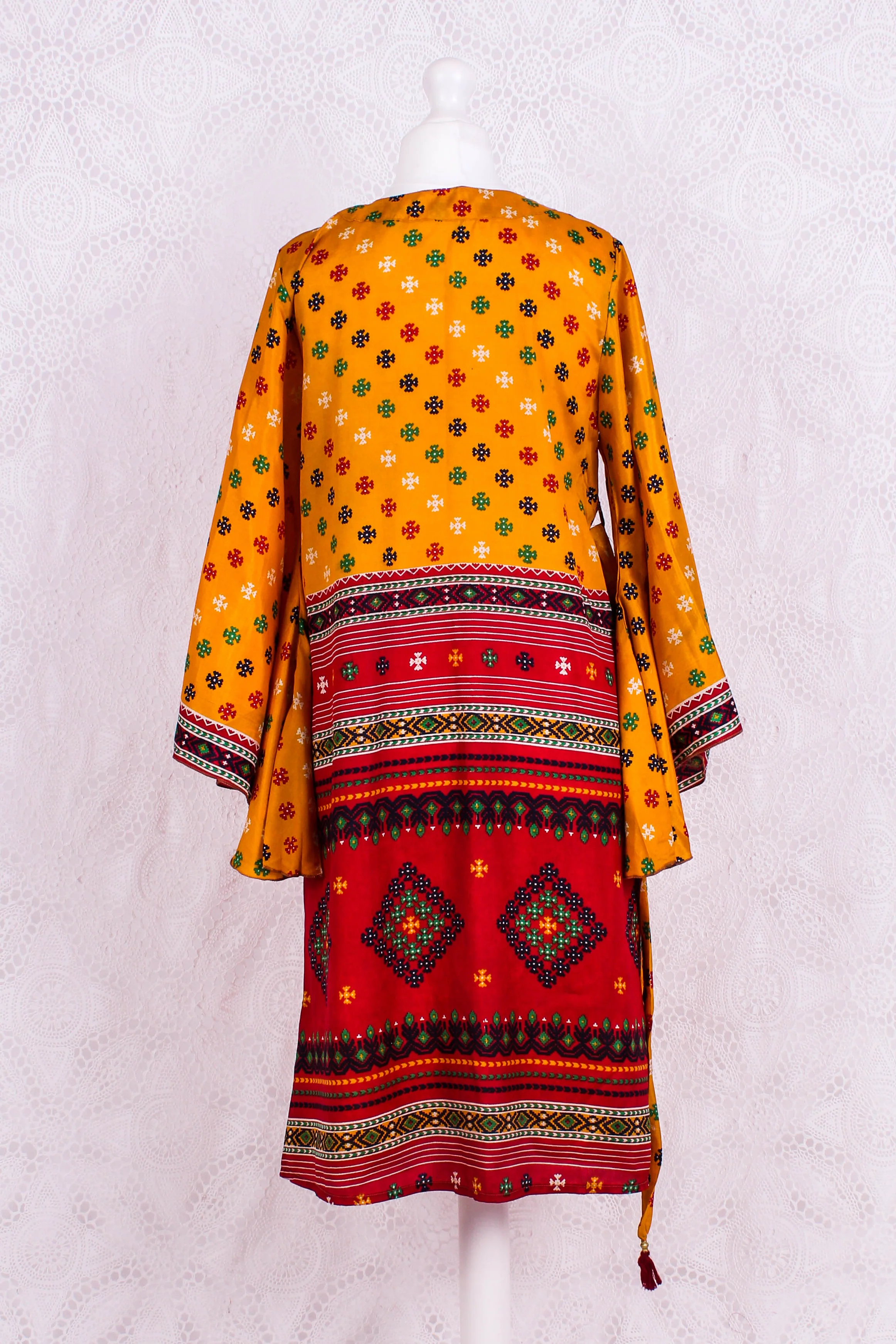 Gemini Bell Sleeve Midi Kimono/Dress - Marigold Yellow Vintage Sari - Size S/M - Image 3